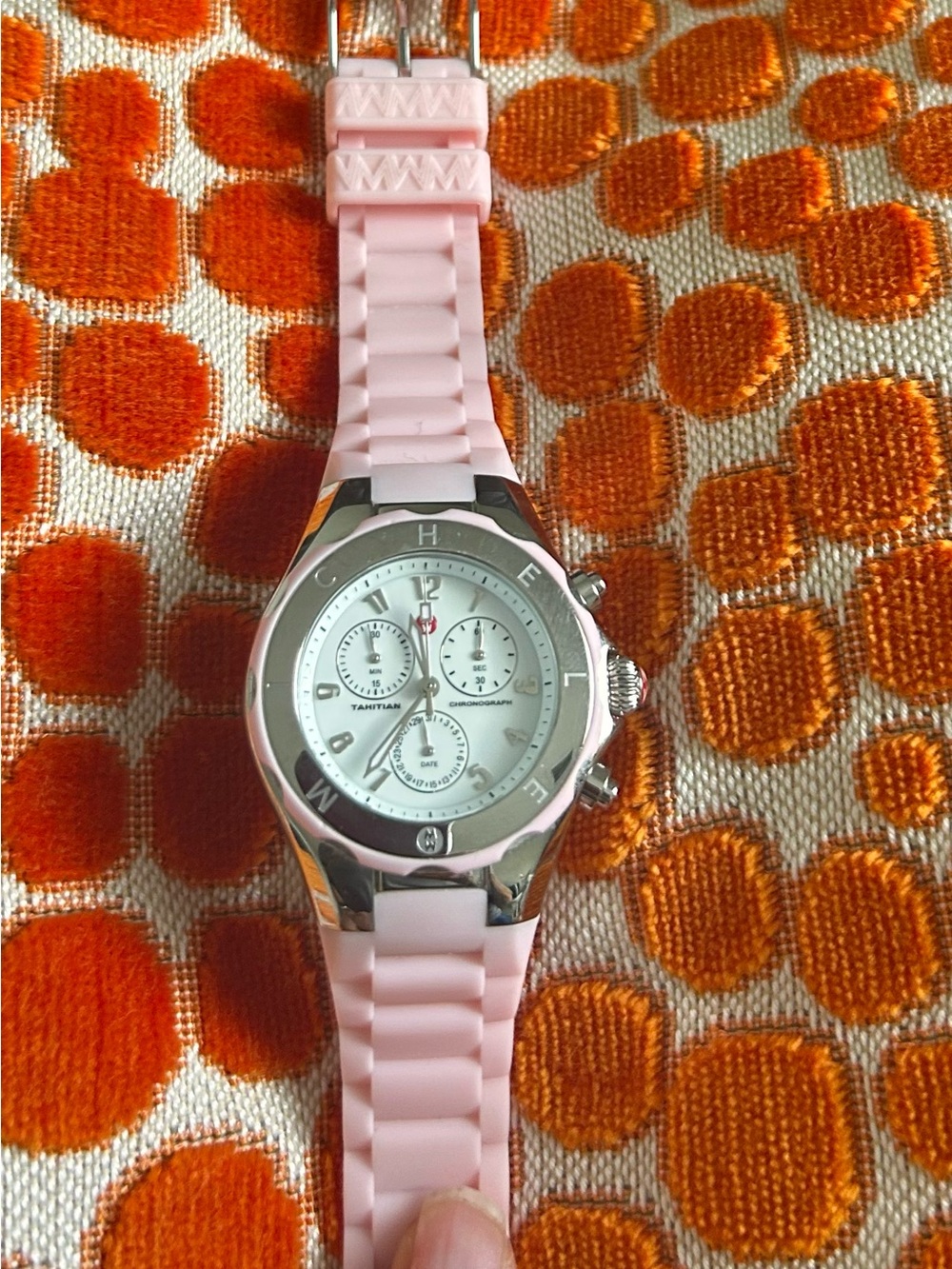 Michele Pink Silicone Strap Chronograph Watch with Silver-Tone Case